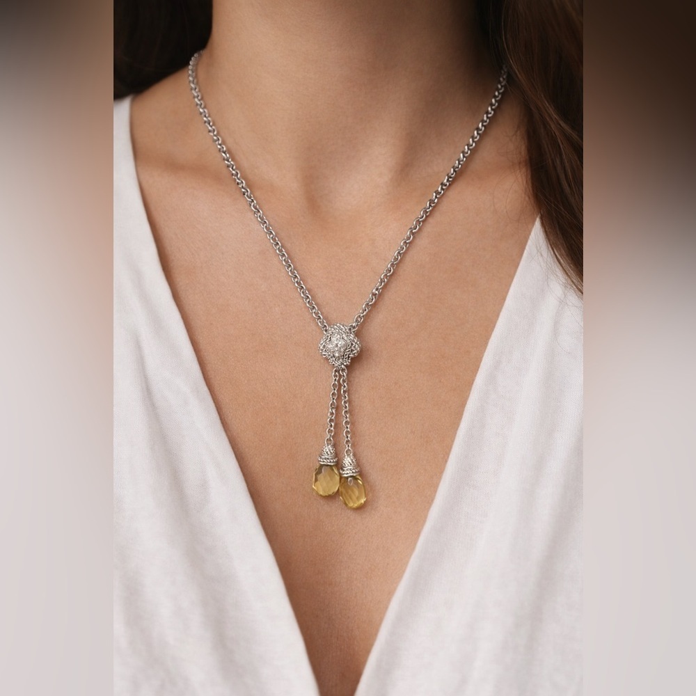 Sterling Silver 925 CZ Lariat Necklace Yellow Faceted Dropped Beads Boho